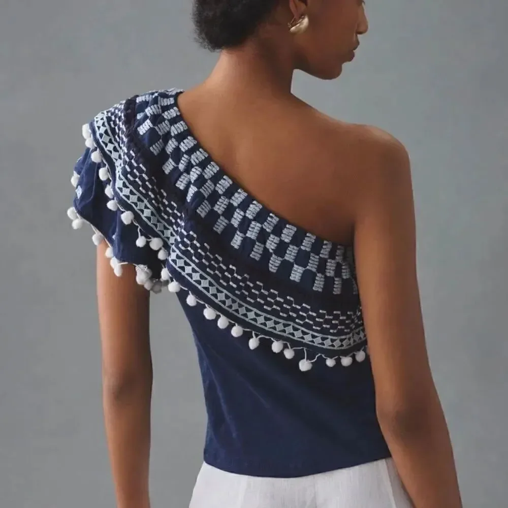 Anthropologie Pom-Tassle One-Shoulder Top | Size: Small | Color: Blue